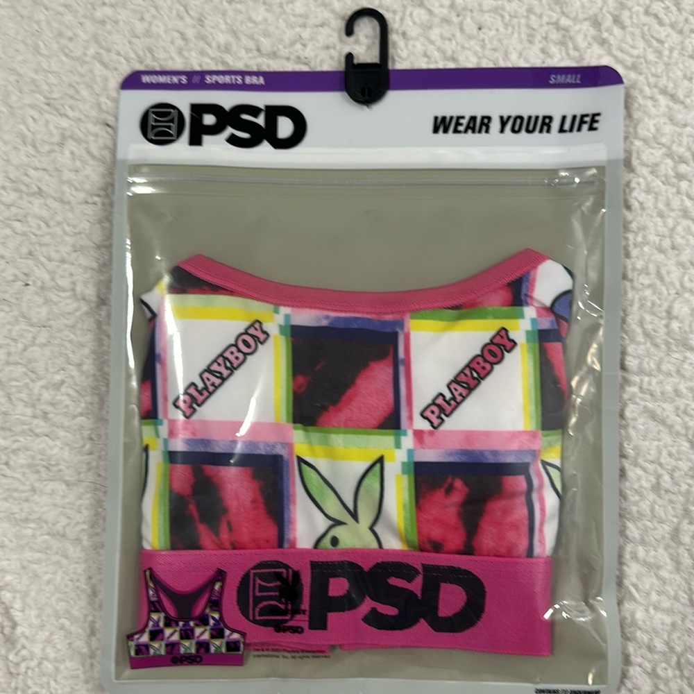 Playboy PSD Womans sports bra in size small, checked pattern